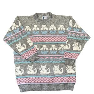 NEEDLES UP Vintage Oversized  Cat & Flowers Pastel Sweater